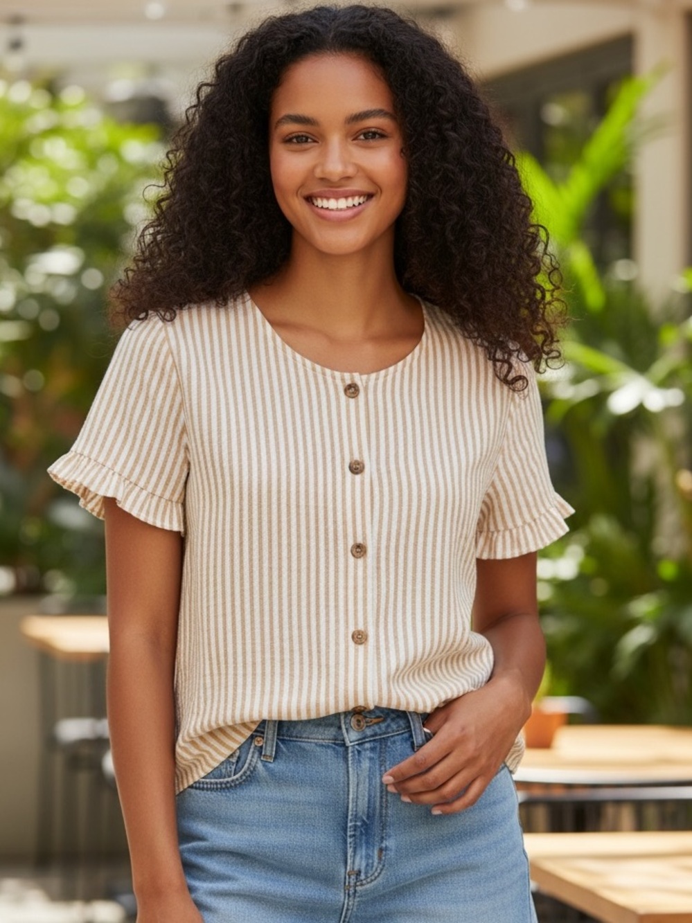 W5 Beige Striped Ruffle Sleeve Button-Front Top